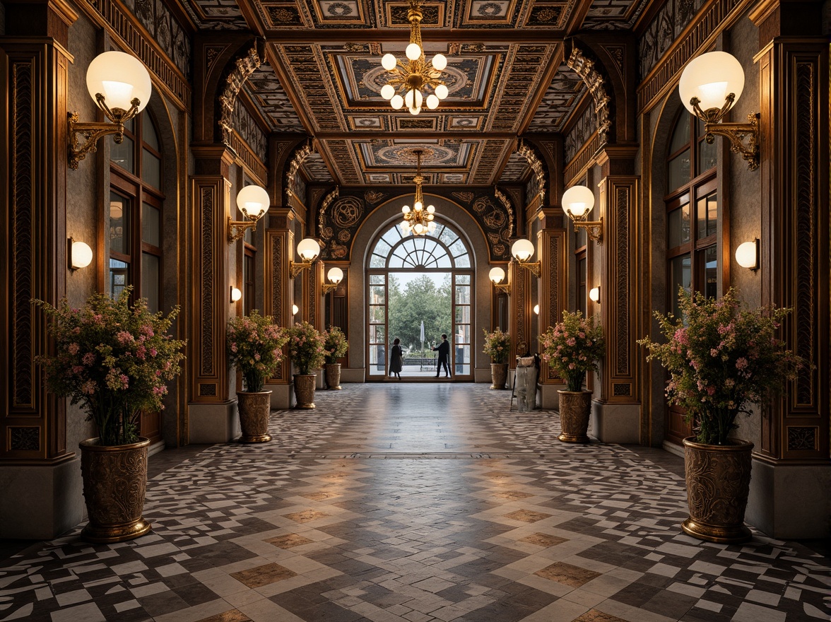 Prompt: Intricate geometric patterns, ornate metalwork, luxurious marble surfaces, grandiose statues, symmetrical compositions, opulent chandeliers, lavish mosaics, bold typography, stylized florals, zigzag motifs, chevron designs, sunburst patterns, metallic accents, polished chrome details, rich jewel tones, dramatic lighting effects, low-angle photography, cinematic atmosphere, high-contrast rendering, detailed textures, realistic reflections.