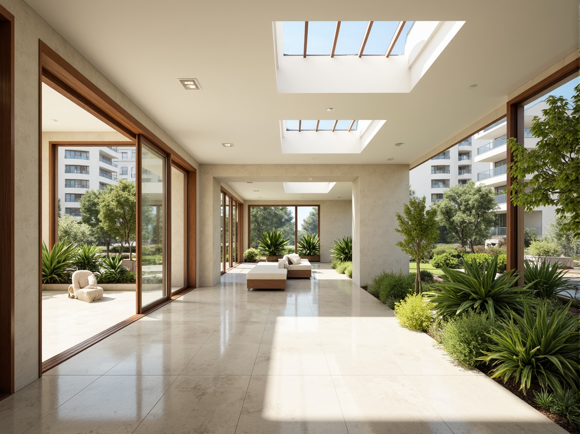 Prompt: Spacious open-plan interior, floor-to-ceiling windows, sliding glass doors, minimal obstructions, reflective surfaces, polished concrete floors, bright white walls, clerestory windows, skylights, solar tubes, natural ventilation systems, green roofs, lush indoor plants, warm beige tones, soft diffused lighting, 1/1 composition, shallow depth of field, realistic textures, ambient occlusion.