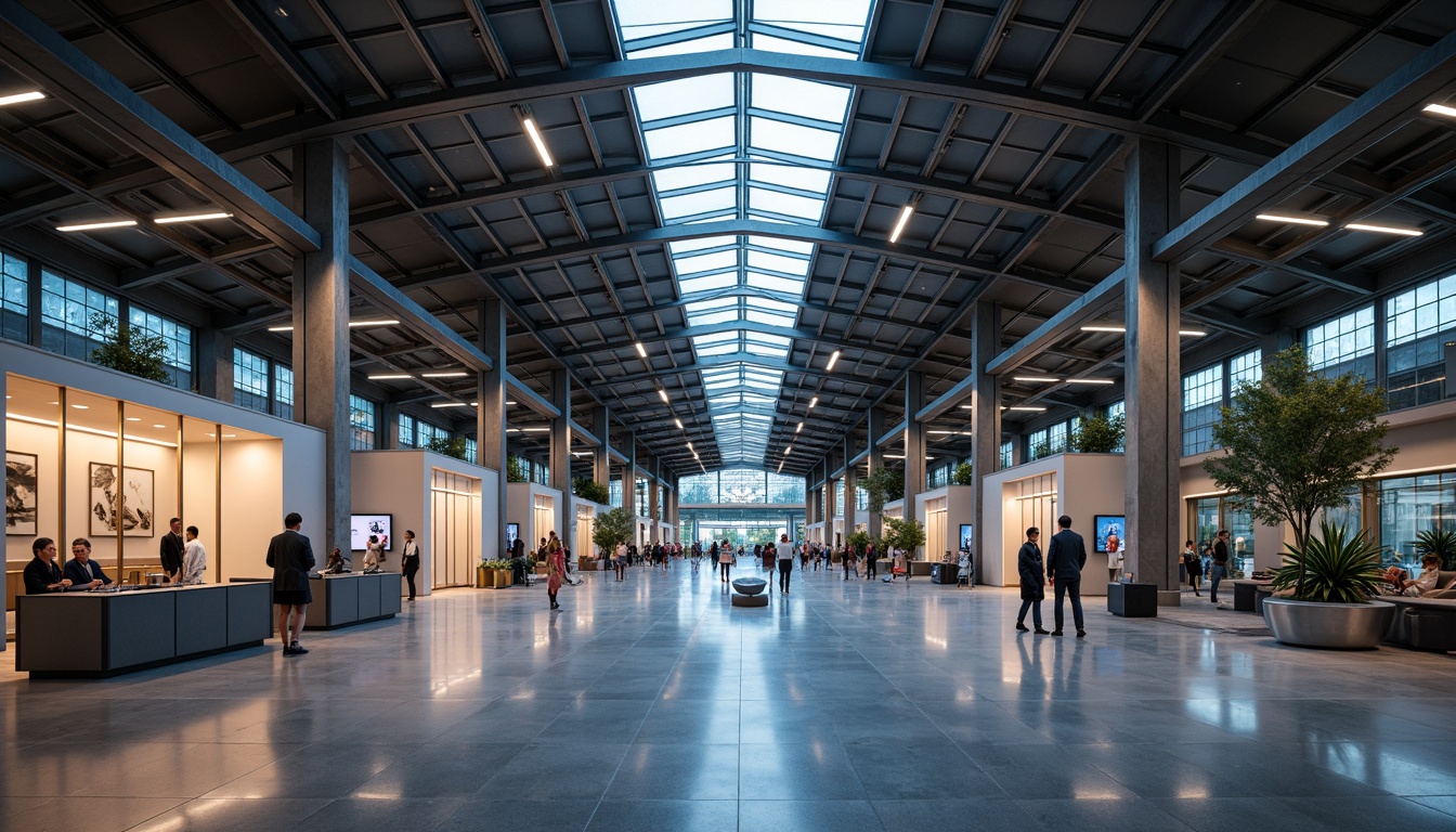 Prompt: Airport terminal, constructivist architecture, exposed steel beams, industrial chic, polished concrete floors, minimalist decor, modern LED lighting, suspended ceiling fixtures, linear fluorescent lights, warm ambient glow, softbox diffusers, high-ceiling atriums, natural daylight, clerestory windows, solar tubes, energy-efficient systems, futuristic ambiance, dynamic color changing effects, 3D modeling, realistic textures, shallow depth of field, panoramic view.