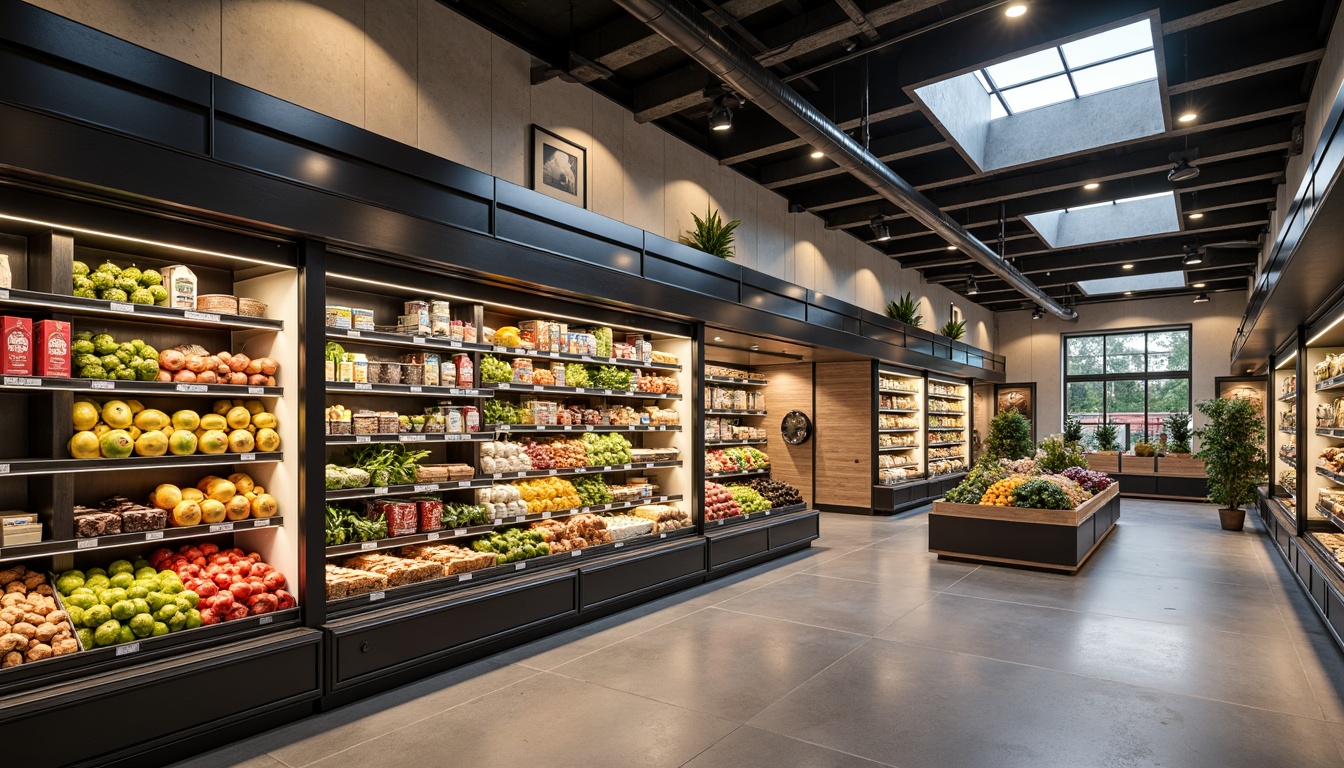 Prompt: Modern grocery store interior, sleek shelving units, fresh produce displays, ambient LED lighting, warm color temperatures, energy-efficient solutions, suspended ceiling fixtures, recessed lighting, aisle navigation signs, polished concrete floors, minimalist decor, natural stone accents, abundant natural light, skylights, clerestory windows, softbox lighting, 1/1 composition, realistic reflections, subtle shadows.