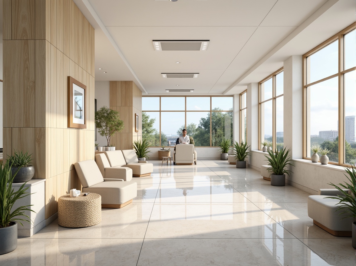 Prompt: Calming dental clinic atmosphere, soft pastel colors, gentle whites, creamy beiges, soothing blues, muted greens, warm wood accents, natural stone textures, modern minimalist design, large windows, abundant natural light, subtle color transitions, 3/4 composition, shallow depth of field, realistic renderings, ambient occlusion.