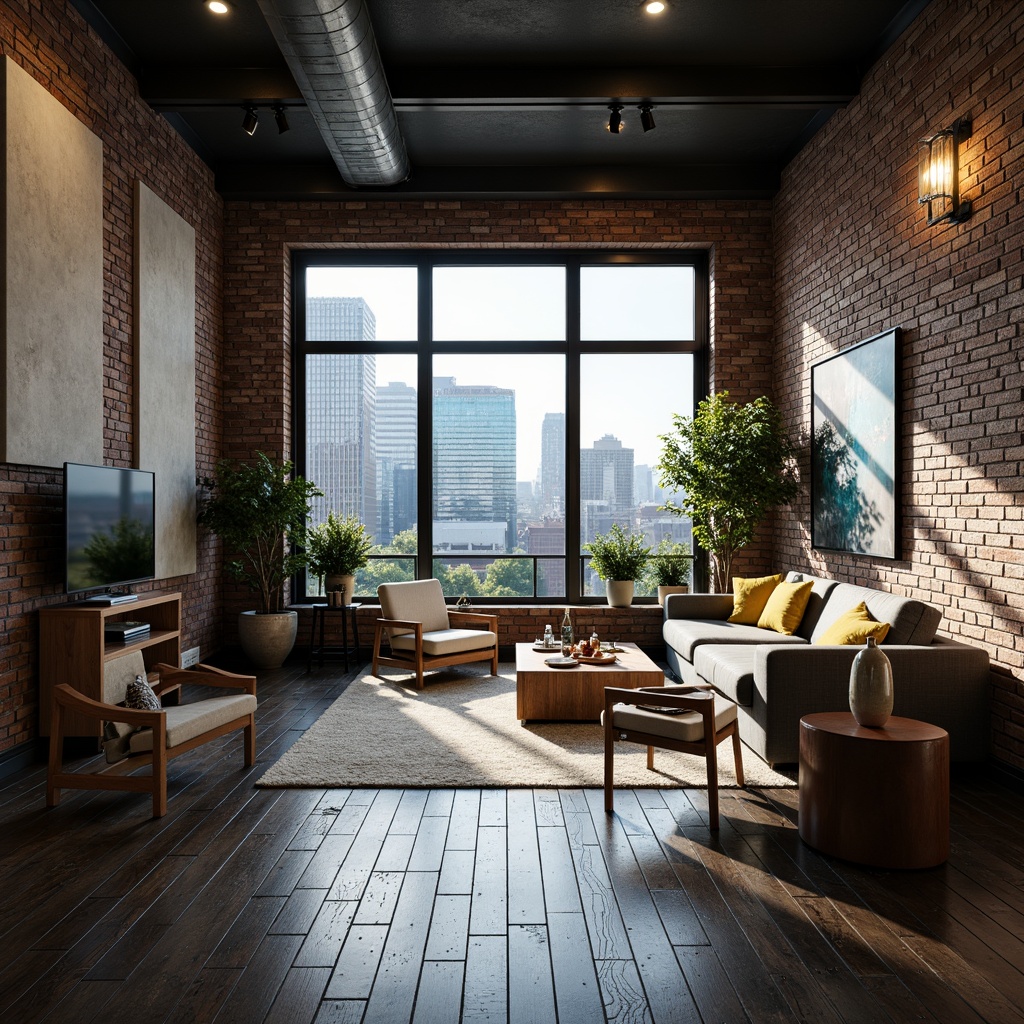 Prompt: Industrial-chic loft, exposed brick walls, metal beams, reclaimed wood floors, urban cityscape views, modern minimalist decor, monochromatic color scheme, rich charcoal grays, warm beige tones, deep blues, vibrant yellow accents, natural textures, softbox lighting, atmospheric shadows, 3/4 composition, cinematic mood, realistic render.