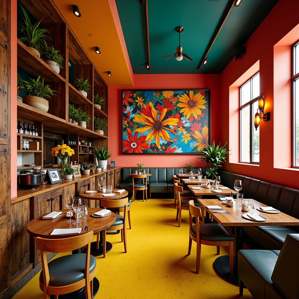 Prompt: Vibrant restaurant interior, expressionist art style, bold color palette, warm golden lighting, rich wood accents, eclectic furniture, abstract artwork, geometric patterns, bright coral walls, deep turquoise ceilings, sunny yellow floors, distressed metal decorations, reclaimed wood textures, industrial chic atmosphere, dramatic shadows, high contrast ratio, 1/2 composition, cinematic lighting, realistic reflections.