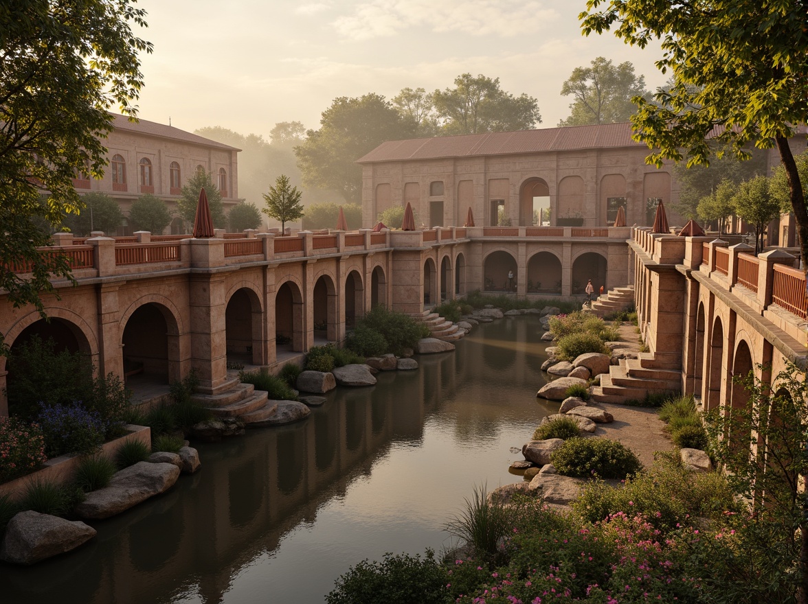 Prompt: Rustic stone bridges, ornate balustrades, weathered wooden railings, earthy terracotta hues, muted sienna tones, warm golden lighting, soft misty atmosphere, serene river waters, lush greenery, vibrant floral accents, intricate carvings, classical arches, grandiose proportions, symmetrical composition, 1/2 perspective view, realistic stone textures, ambient occlusion.