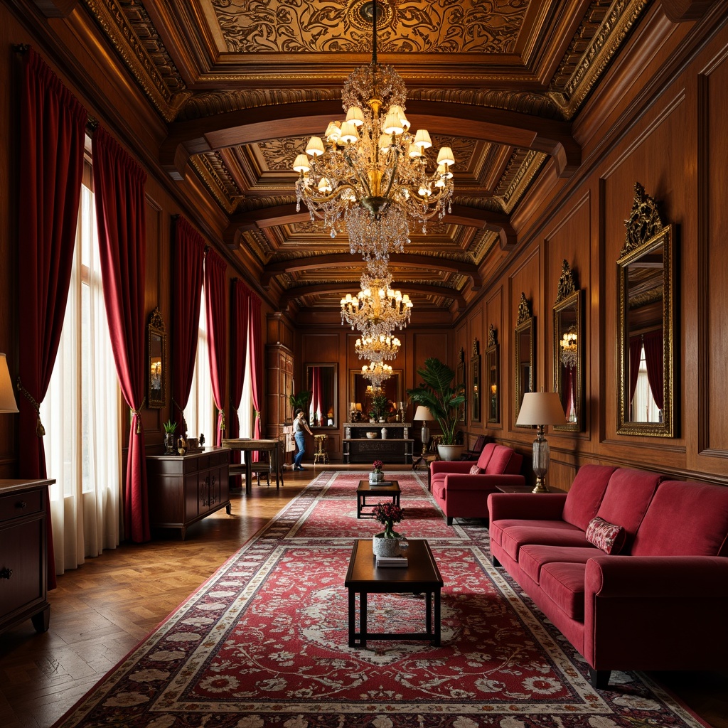 Prompt: Rich velvet drapes, ornate gold leafing, luxurious marble countertops, intricately carved wooden panels, lavish crystal chandeliers, plush crimson sofas, antique bronze fixtures, opulent patterned rugs, grandiose mirrors, dramatic coved ceilings, warm golden lighting, soft focus photography, 1/2 composition, atmospheric depth of field, realistic reflections.