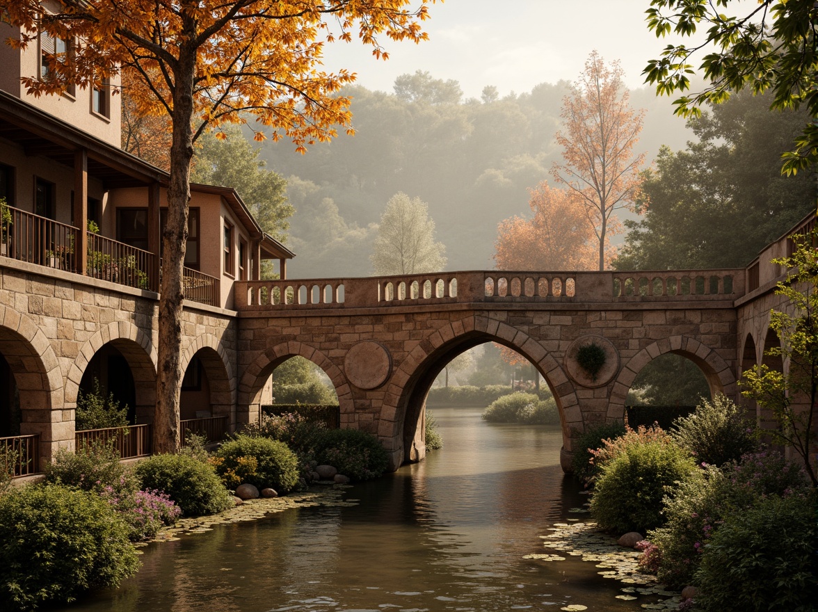 Prompt: Rustic stone bridges, ornate balustrades, weathered wooden railings, earthy terracotta hues, muted sienna tones, warm golden lighting, soft misty atmosphere, serene river waters, lush greenery, vibrant floral accents, intricate carvings, classical arches, grandiose proportions, symmetrical composition, 1/2 perspective view, realistic stone textures, ambient occlusion.