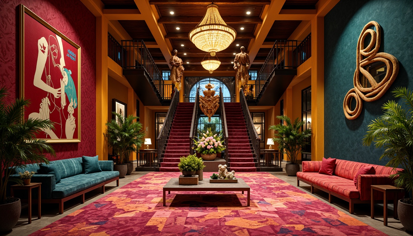 Prompt: Vibrant hotel lobby, bold geometric patterns, rich jewel-toned colors, luxurious velvet fabrics, ornate metal fixtures, grand chandeliers, sweeping staircases, dramatic archways, eclectic artwork, abstract sculptures, lavish furnishings, plush area rugs, warm golden lighting, cinematic shadows, 1/1 composition, low-angle shot, atmospheric misting, opulent materials, avant-garde decor.