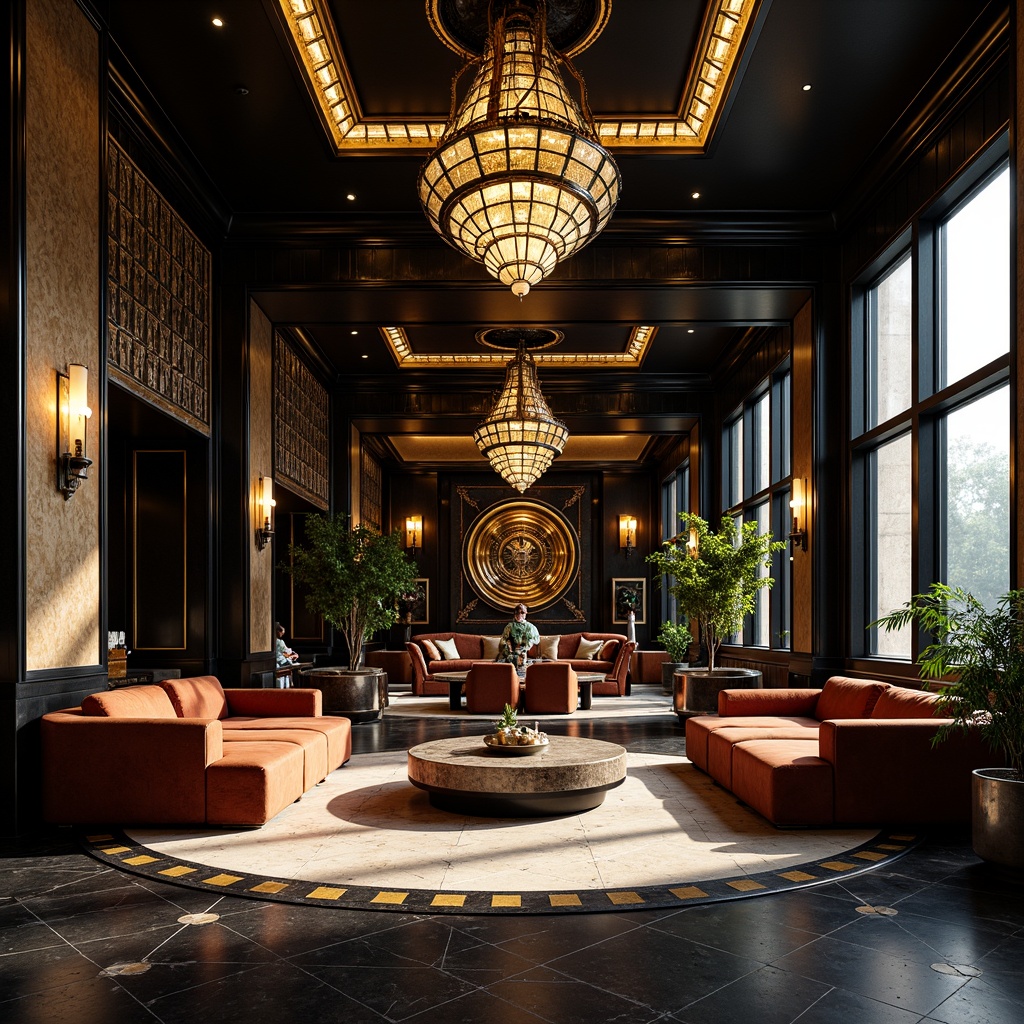 Prompt: Luxurious Art Deco interior, ornate metalwork, geometric patterns, glossy black surfaces, polished chrome accents, rich velvet fabrics, intricate marble inlays, opulent chandeliers, lavish furnishings, bold color schemes, metallic sheen, high-contrast lighting, dramatic shadows, 1/1 composition, low-angle shot, cinematic atmosphere, realistic reflections, detailed textures.