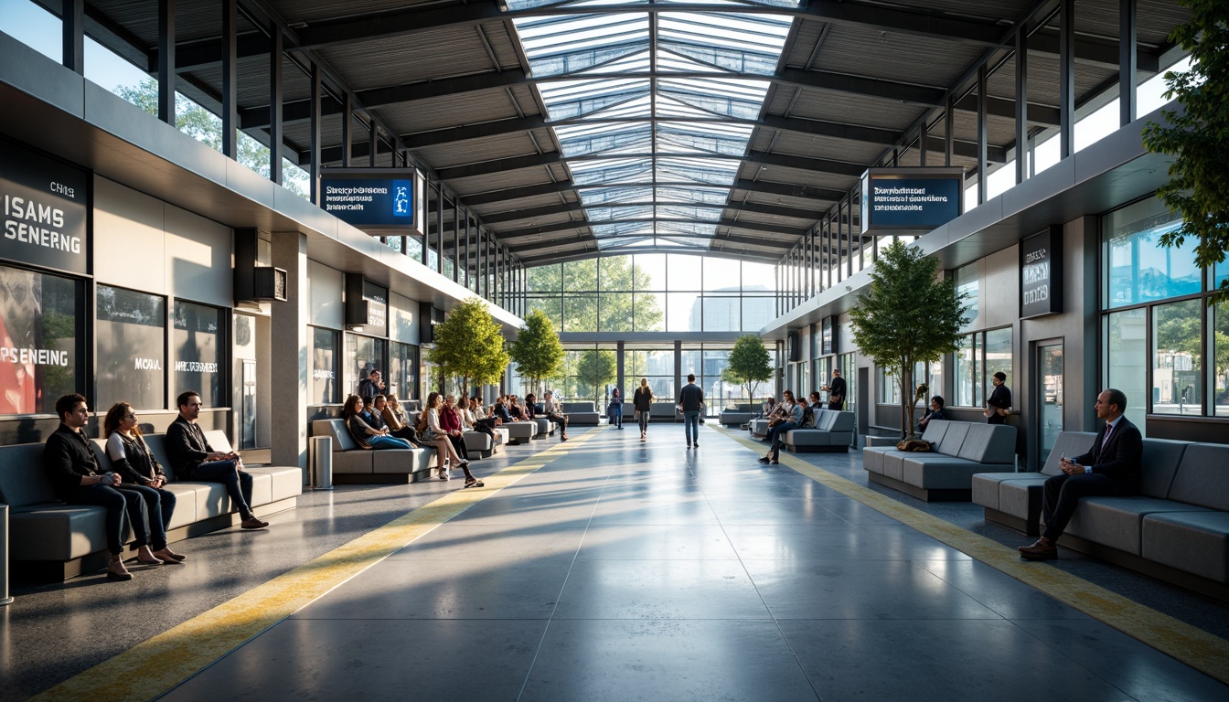 Prompt: Modern bus station interior, sleek metal framework, glass roofs, natural light pouring in, efficient passenger flow, clear signage, digital displays, comfortable seating areas, ample legroom, charging stations, minimalist decor, industrial-style flooring, urban atmosphere, busy morning commute, soft overhead lighting, shallow depth of field, 1/1 composition, realistic textures, ambient occlusion.