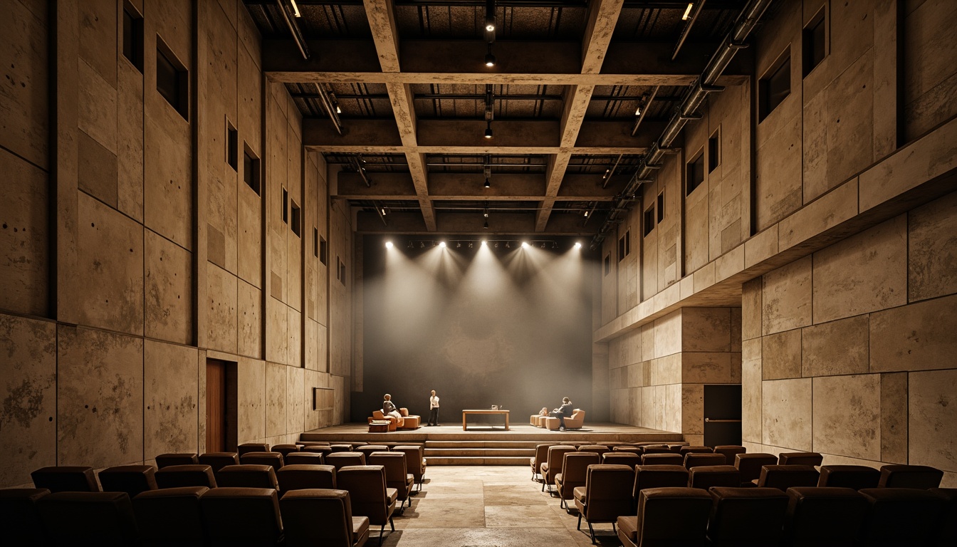 Prompt: Raw concrete walls, exposed ductwork, industrial metal beams, minimalist seating, avant-garde stage design, dramatic spotlights, reverberant sound reflections, echoey ambiance, brutalist architecture, angular lines, monochromatic color scheme, urban cityscape, evening atmosphere, warm golden lighting, shallow depth of field, 1/2 composition, symmetrical framing, high-contrast textures, ambient occlusion.