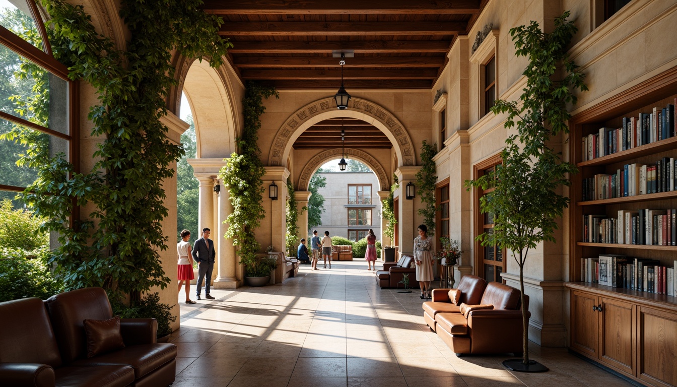 Prompt: Traditional university buildings, ivy-covered walls, ornate stone carvings, rich wood tones, warm beige stucco, classic columns, elegant archways, sophisticated neutral colors, earthy brown furniture, vintage leather-bound books, subtle golden accents, soft natural lighting, shallow depth of field, 1/1 composition, realistic textures, ambient occlusion.