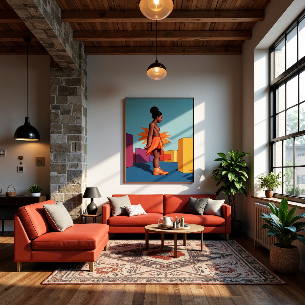 Prompt: Vibrant artistic studio, eclectic furniture, bold color blocking, contrasting textures, abstract artwork, statement lighting fixtures, industrial metal accents, reclaimed wood floors, bohemian-inspired rugs, natural stone walls, oversized windows, soft warm glow, shallow depth of field, 1/1 composition, realistic renderings, ambient occlusion.