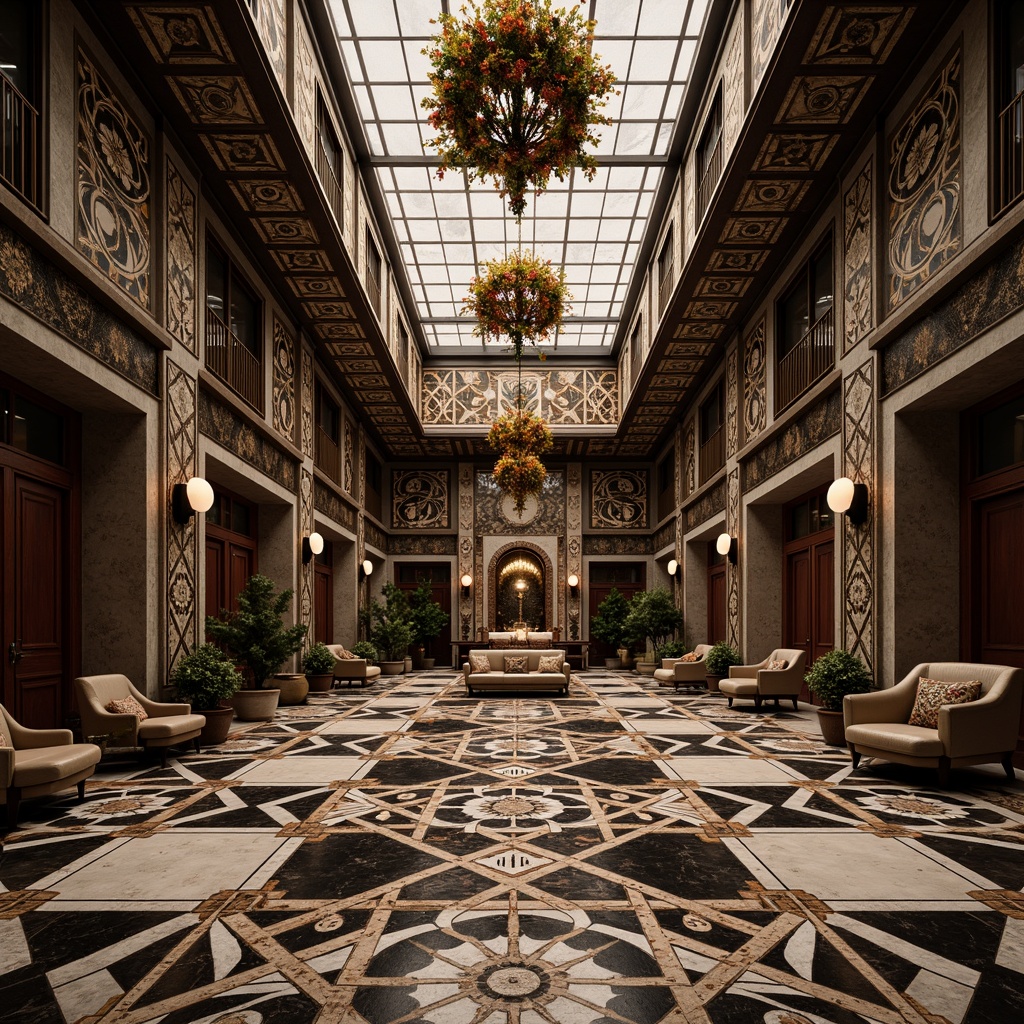 Prompt: Intricate geometric patterns, ornate metalwork, luxurious marble surfaces, grandiose statues, symmetrical compositions, opulent chandeliers, lavish mosaics, bold typography, stylized florals, zigzag motifs, chevron designs, sunburst patterns, metallic accents, polished chrome details, rich jewel tones, dramatic lighting effects, low-angle photography, cinematic atmosphere, high-contrast rendering, detailed textures, realistic reflections.