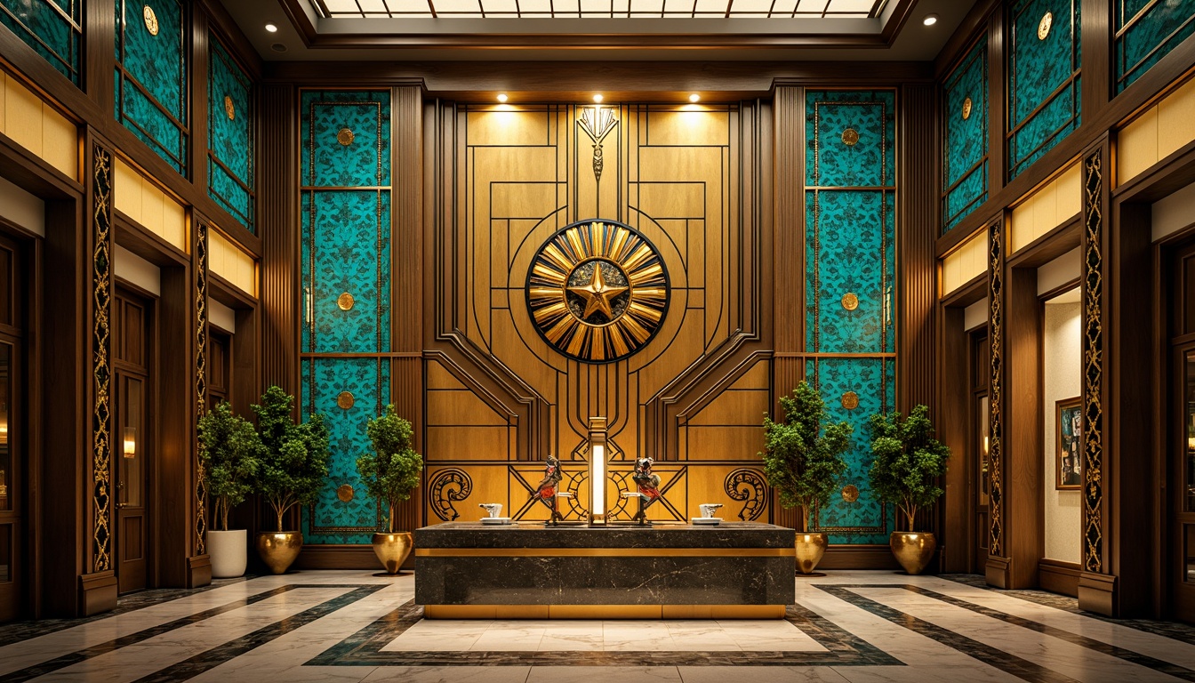 Prompt: Opulent Art Deco monument, lavish golden accents, rich bronze tones, vibrant turquoise mosaics, geometric patterns, ornate metalwork, luxurious marble surfaces, bold black outlines, stylized floral motifs, sunburst designs, zigzag patterns, metallic sheen, warm ambient lighting, shallow depth of field, 1/1 composition, symmetrical framing, high-contrast colors, intricate textures, realistic reflections.