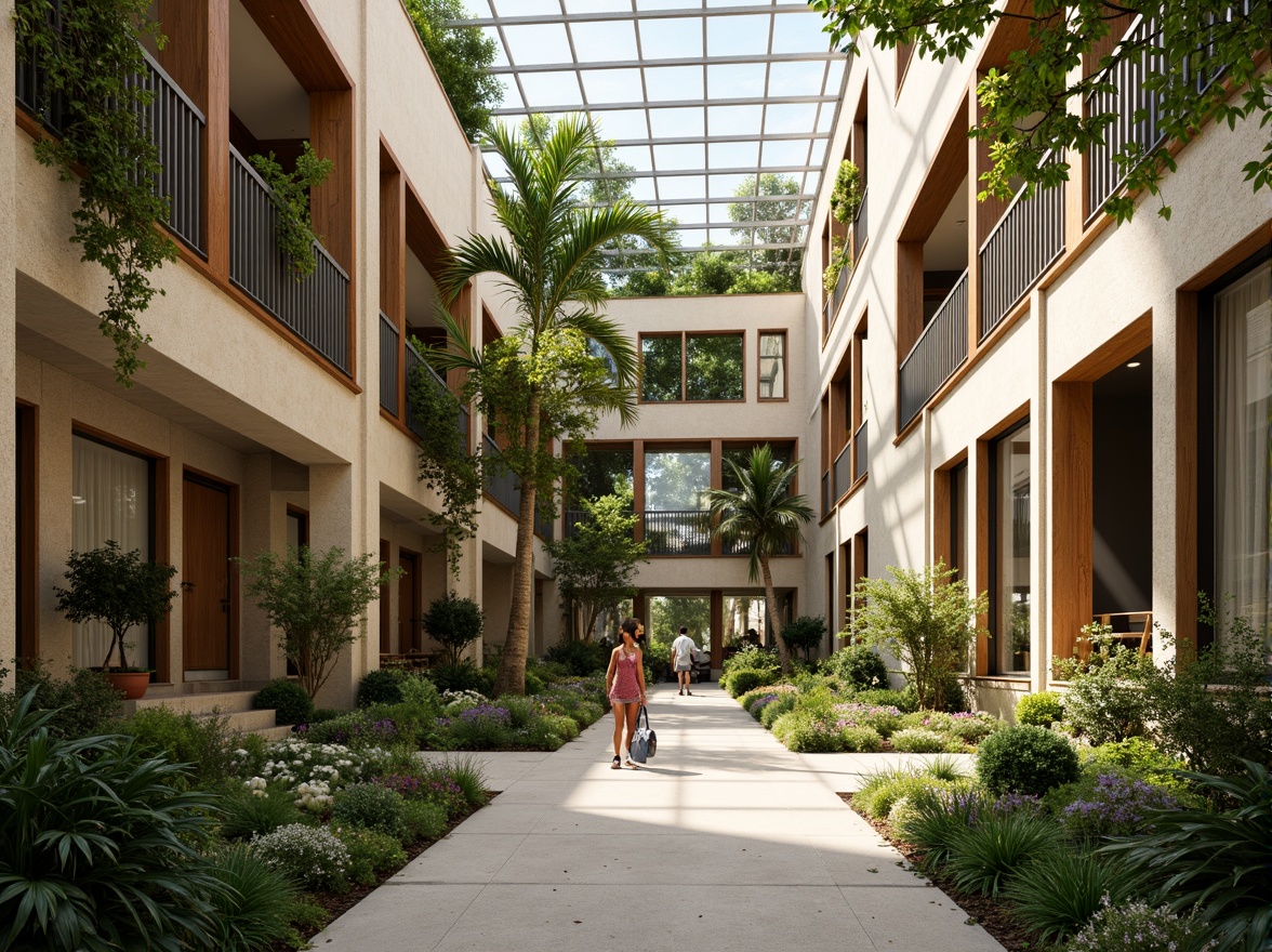 Prompt: Vibrant atrium, lush greenery, natural stone walls, wooden accents, floor-to-ceiling windows, clerestory windows, skylights, open floor plans, minimalist decor, earthy color palette, warm beige tones, soft diffused lighting, indirect sunlight, ambient shadows, 1/1 composition, shallow depth of field, realistic textures, subtle reflections.