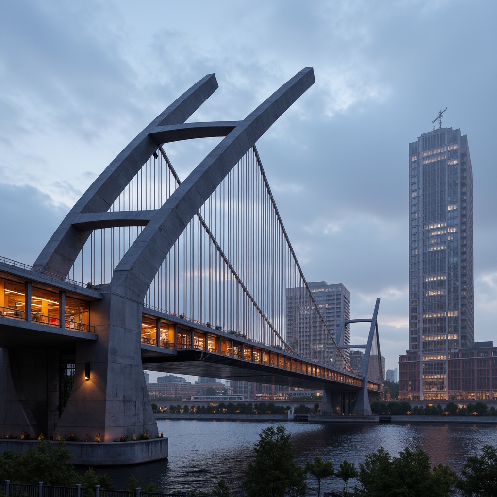 Prompt: Futuristic bridge, sleek metallic arches, suspension cables, LED lighting systems, urban cityscape, misty morning atmosphere, soft warm glow, shallow depth of field, 3/4 composition, panoramic view, realistic reflections, ambient occlusion, fusion architecture, curved lines, geometric shapes, modern materials, high-strength concrete, steel reinforcements, innovative structural systems, cantilevered sections, asymmetrical design, dynamic visual effects, vibrant colorful accents, intricate patterns, futuristic urban planning.