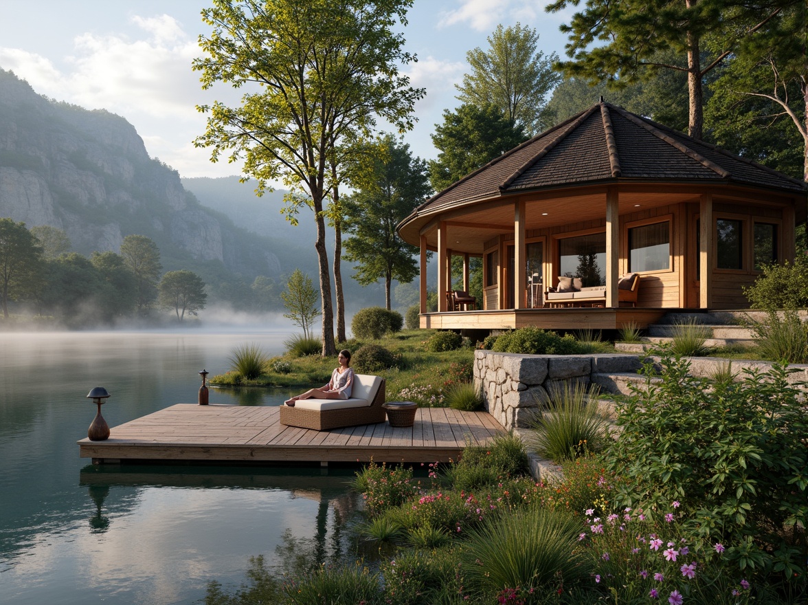 Prompt: Waterfront boathouse, rustic wooden docks, serene lake views, lush greenery, vibrant flowers, natural stone walls, wooden accents, nautical decorations, cozy interior spaces, warm lighting, shallow depth of field, 3/4 composition, panoramic view, realistic textures, ambient occlusion, tranquil atmosphere, soft misty morning, gentle lapping water sounds.