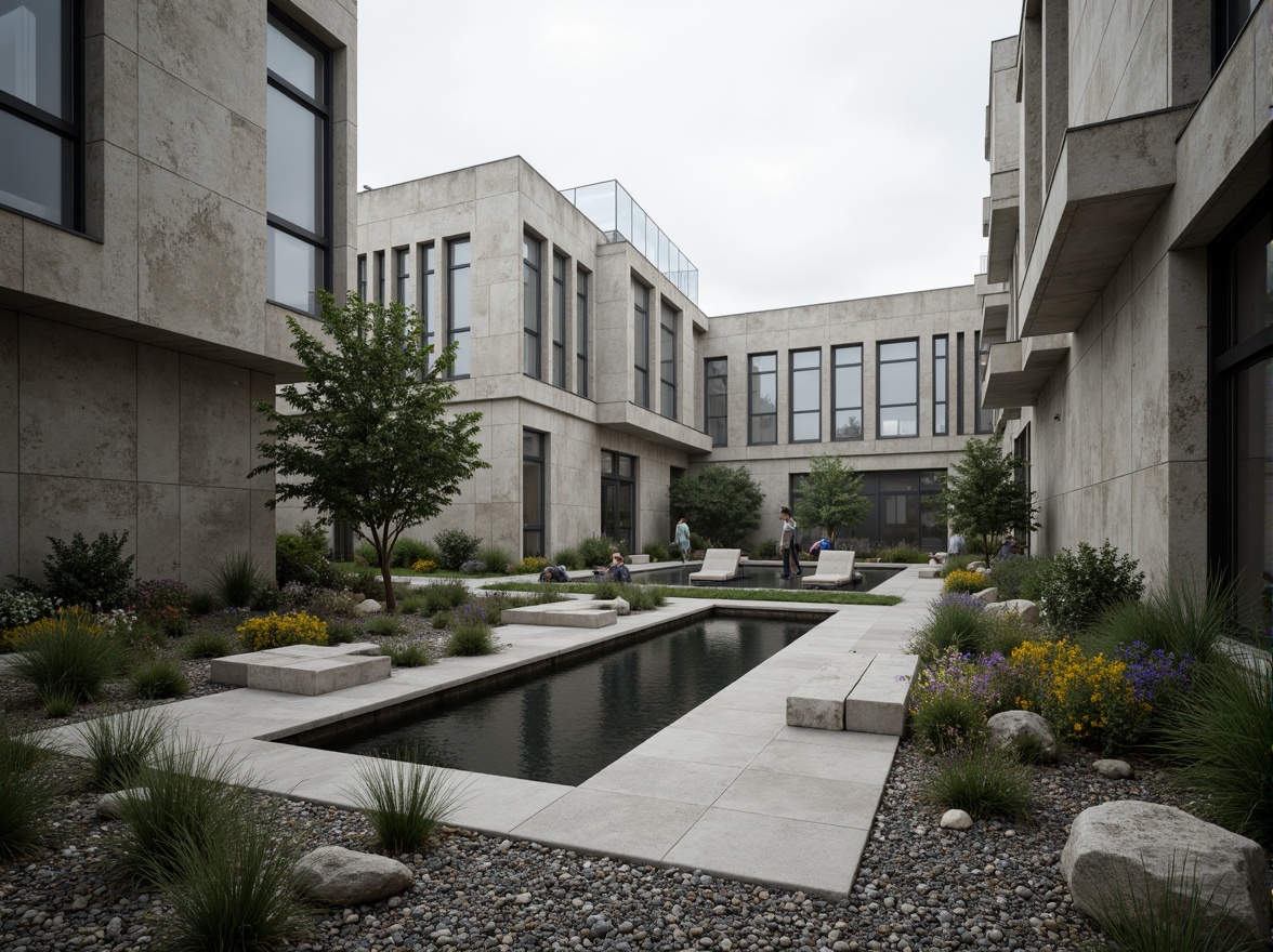 Prompt: Rugged brutalist architecture, industrial concrete walls, weathered steel beams, raw stone accents, minimalist water features, sparse greenery, drought-resistant plants, gravel pathways, angular benches, modern sculptures, abstract art installations, urban cityscape, overcast skies, dramatic shadows, high-contrast lighting, cinematic composition, gritty textures, atmospheric fog.