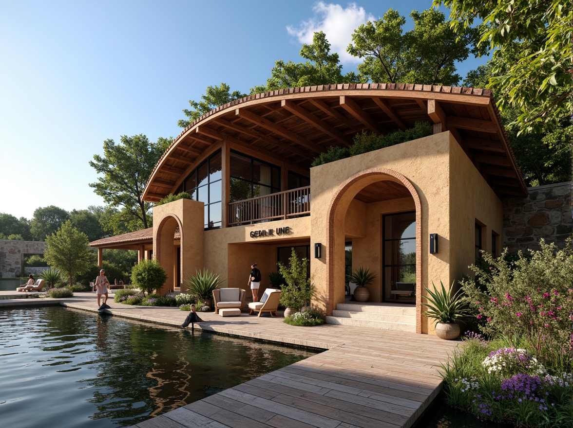 Prompt: Rustic boathouse, Romanesque arches, curved wooden beams, terracotta roof tiles, earthy color palette, natural stone walls, wooden dock, serene lake surroundings, lush greenery, vibrant flowers, sunny day, soft warm lighting, shallow depth of field, 3/4 composition, panoramic view, realistic textures, ambient occlusion, ornate metal decorations, intricate stonework, grand entrance, cozy interior spaces, nautical-themed decor.