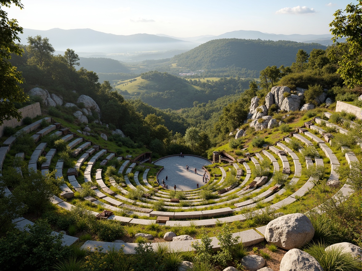 Prompt: Natural amphitheater setting, rolling hills, lush greenery, meandering pathways, scenic overlooks, tiered seating areas, curved retaining walls, native plant species, rustic stone accents, wooden benches, panoramic views, warm sunny day, soft diffused lighting, shallow depth of field, 3/4 composition, realistic textures, ambient occlusion.