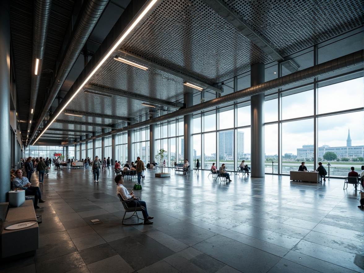 Prompt: Aerodynamic airport terminal, metallic latticework fa\u00e7ade, polished steel columns, exposed ductwork, industrial concrete floors, minimalist seating areas, futuristic LED lighting, dynamic angular lines, brutalist architecture, urban cityscape views, cloudy skies, soft diffused natural light, shallow depth of field, 1/1 composition, realistic reflective surfaces, ambient occlusion.