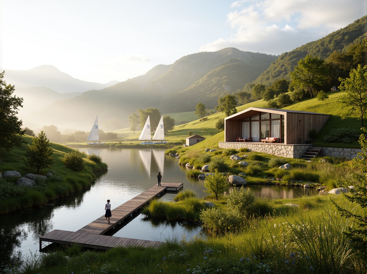 Prompt: Rolling hills, lush green meadows, serene lakeside, wooden docks, sailboats, misty morning, warm sunlight, soft focus, shallow depth of field, 3/4 composition, panoramic view, realistic textures, ambient occlusion, modern eco-friendly architecture, sustainable design, natural stone walls, reclaimed wood accents, floor-to-ceiling windows, sliding glass doors, minimalist interior, organic shapes, earthy color palette, seamless integration with nature.