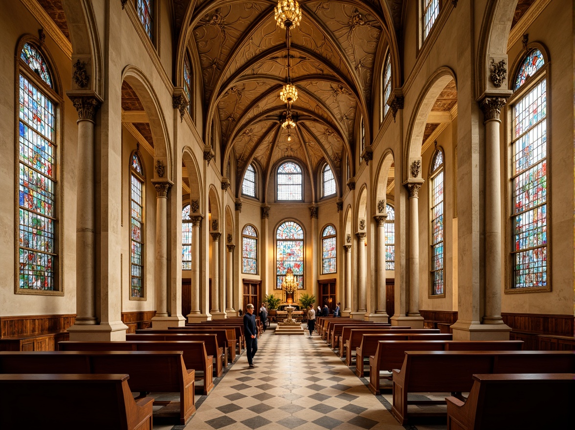 Prompt: Majestic cathedral, ornate stained glass windows, golden accents, rich wood tones, cream-colored stone walls, intricate carvings, vaulted ceilings, grandiose chandeliers, soft warm lighting, subtle shadows, 1/1 composition, symmetrical architecture, classical columns, arches, domes, subtle texture overlays, realistic reflections, ambient occlusion.