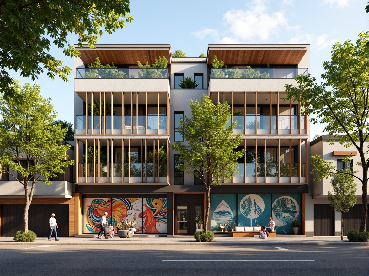 Prompt: Contemporary building facade, harmonious color scheme, earthy tones, natural materials, wooden accents, green roofs, living walls, vibrant street art, urban landscape, sunny afternoon, soft warm lighting, shallow depth of field, 3/4 composition, panoramic view, realistic textures, ambient occlusion.