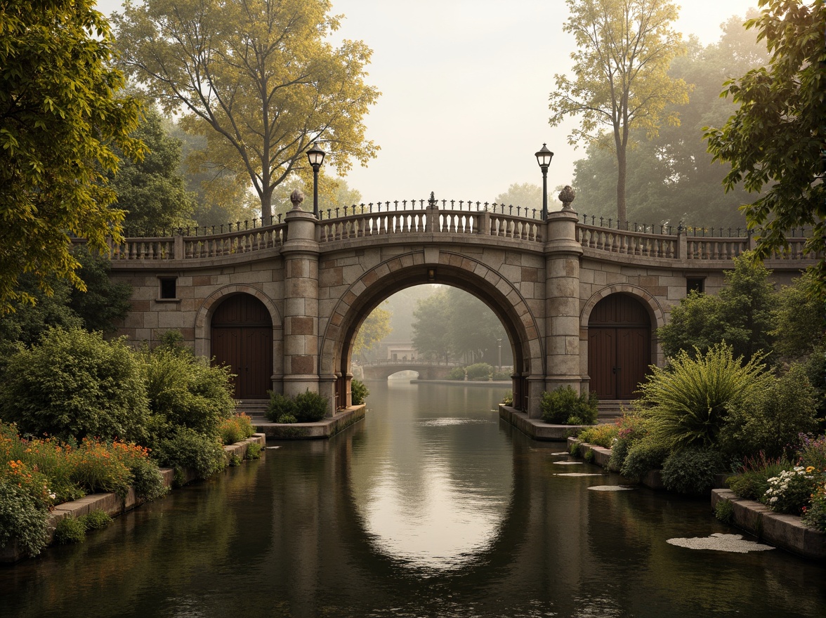 Prompt: Ancient stone bridges, ornate balustrades, rustic arches, weathered stonework, moss-covered piers, tranquil water reflections, serene riverbanks, lush greenery, vibrant flowers, historic lamp posts, decorative ironwork, grandiose entranceways, symmetrical composition, warm golden lighting, soft misty atmosphere, 1/2 composition, realistic textures, ambient occlusion.