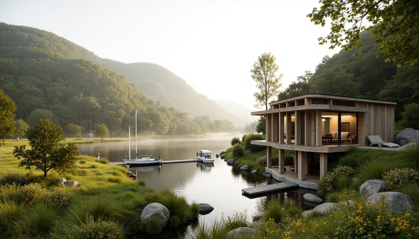 Prompt: Rolling hills, lush green meadows, serene lakeside, wooden docks, sailboats, misty morning, warm sunlight, soft focus, shallow depth of field, 3/4 composition, panoramic view, realistic textures, ambient occlusion, modern eco-friendly architecture, sustainable design, natural stone walls, reclaimed wood accents, floor-to-ceiling windows, sliding glass doors, minimalist interior, organic shapes, earthy color palette, seamless integration with nature.