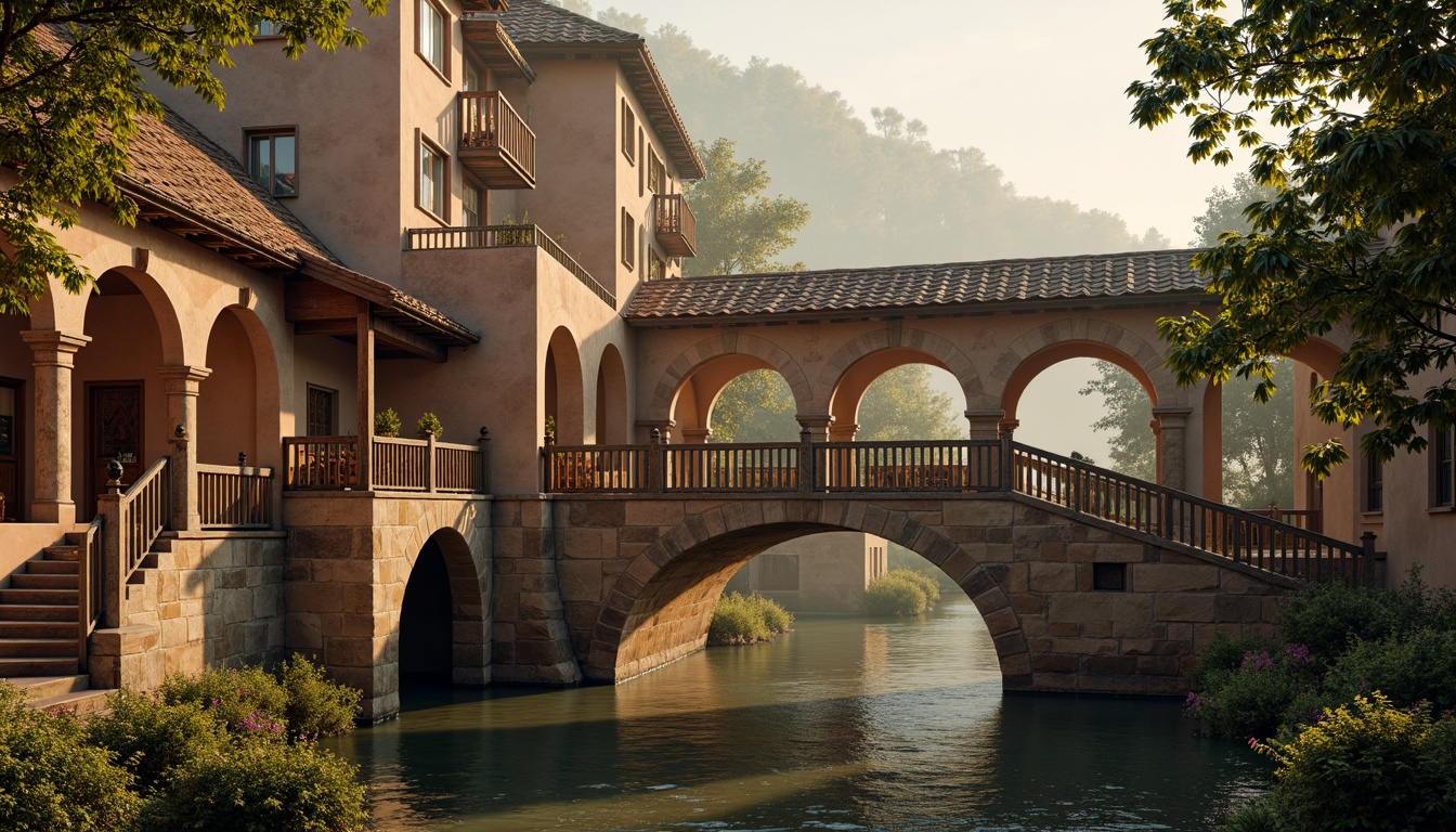 Prompt: Rustic stone bridges, ornate balustrades, weathered wooden railings, earthy terracotta hues, muted sienna tones, warm golden lighting, soft misty atmosphere, serene river waters, lush greenery, vibrant floral accents, intricate carvings, classical arches, grandiose proportions, symmetrical composition, 1/2 perspective view, realistic stone textures, ambient occlusion.