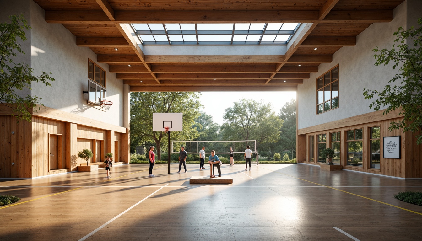 Prompt: Modern gymnasium building, eco-friendly materials, reclaimed wood flooring, bamboo walls, recycled metal beams, low-carbon concrete, green roofs, solar panels, natural ventilation systems, clerestory windows, abundant daylight, soft warm lighting, 3/4 composition, shallow depth of field, realistic textures, ambient occlusion, athletic equipment, basketball hoops, volleyball nets, exercise machines, mirrored walls, motivational quotes, inspirational posters, calm color scheme, earthy tones, wooden accents.