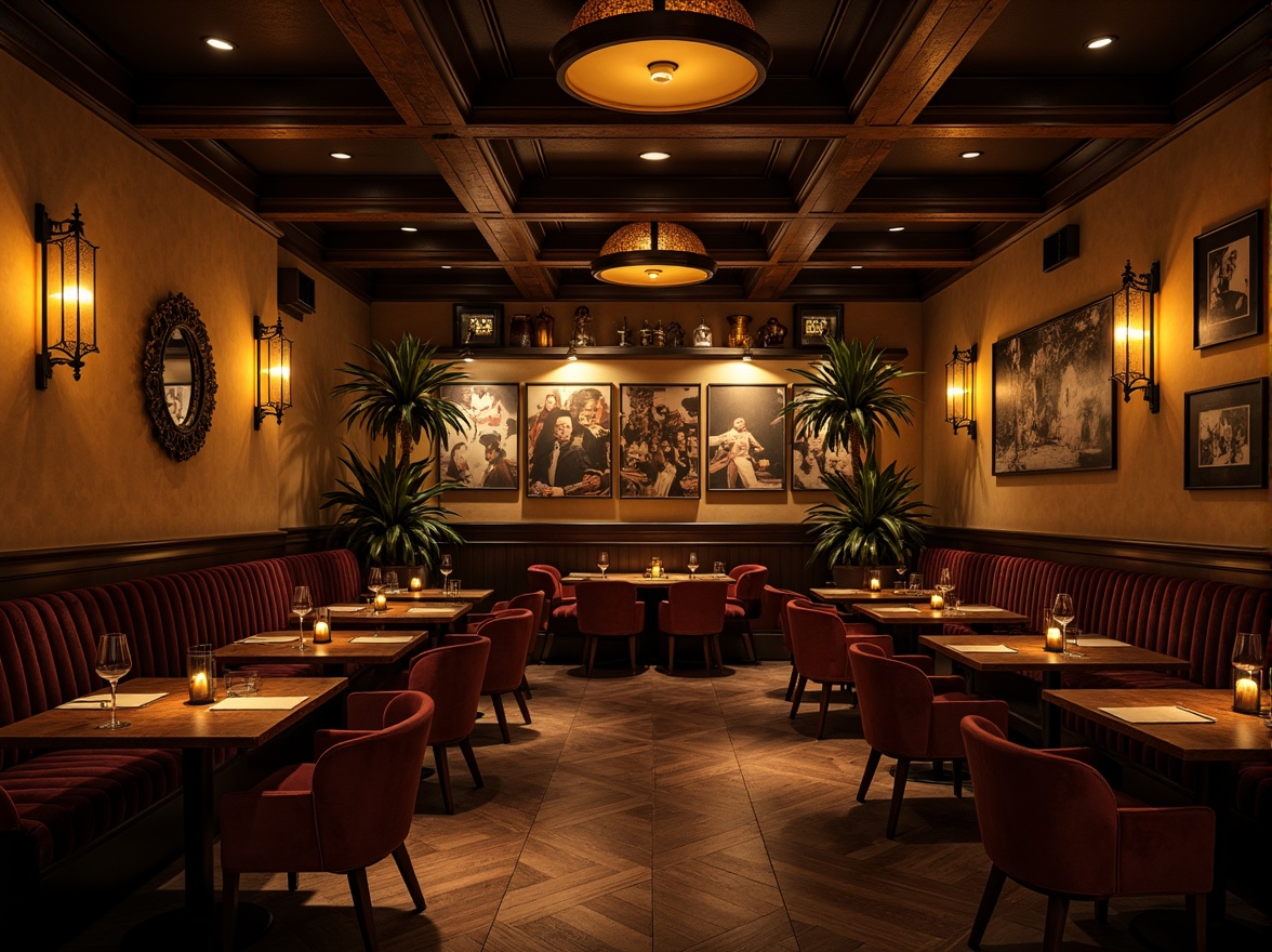 Prompt: Moody restaurant interior, warm golden lighting, soft shadows, dramatic spotlights, rich wood tones, luxurious velvet fabrics, ornate metal fixtures, eclectic art pieces, vintage decorative items, distressed textures, warm color palette, intimate ambiance, low-key illumination, cinematic atmosphere, 1/2 composition, shallow depth of field, realistic reflections, ambient occlusion.