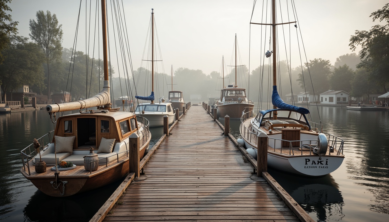 Prompt: Weathered wooden docks, rustic nautical ropes, vintage sailboats, serene lakefront, misty morning atmosphere, soft warm lighting, natural wood textures, earthy brown colors, calming blue hues, creamy whites, rich navy accents, distressed finishes, organic shapes, cozy interior spaces, plush furnishings, woven textiles, subtle wave patterns, gentle water reflections, shallow depth of field, 1/1 composition, realistic renderings.