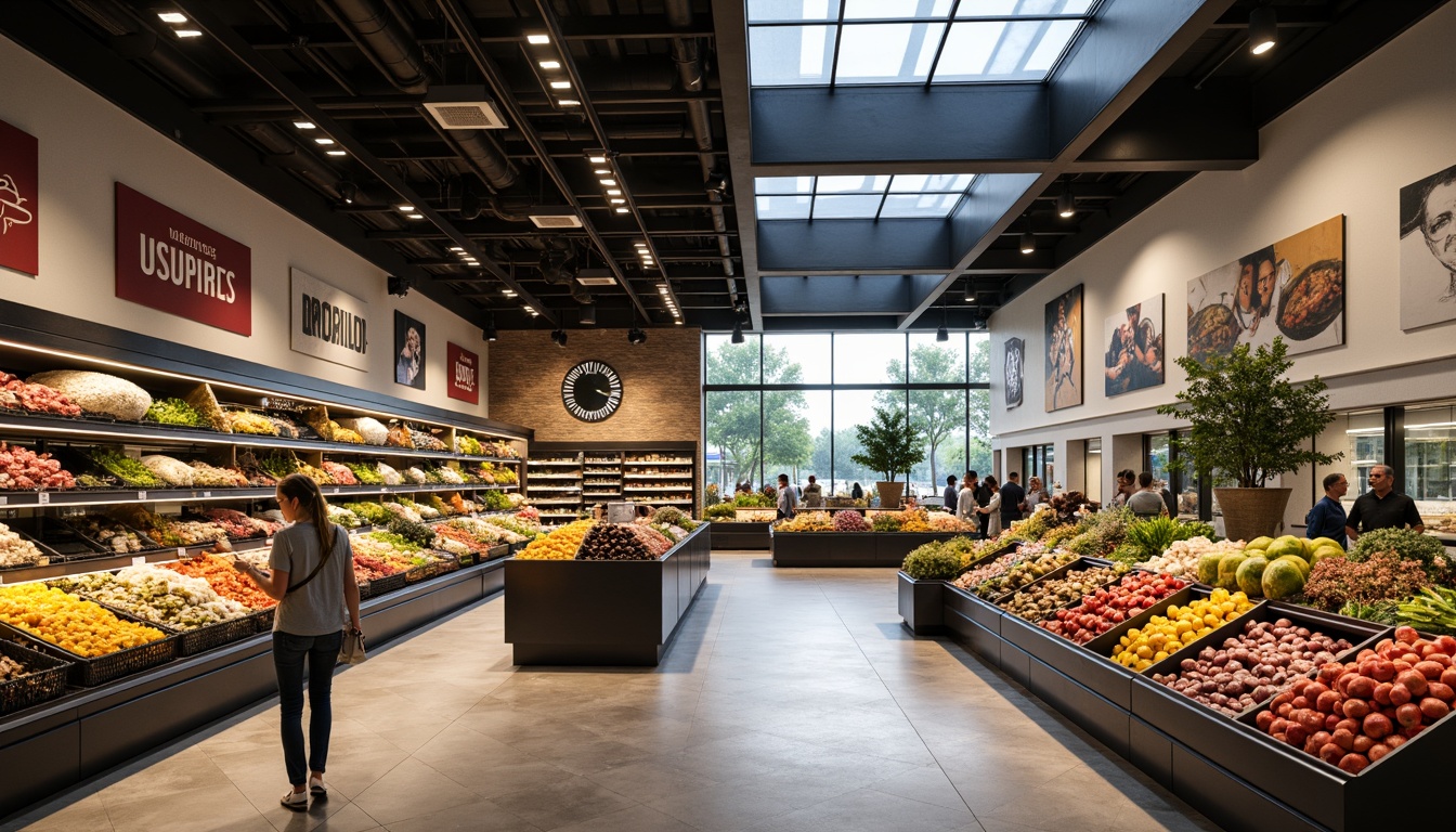 Prompt: Modern grocery store interior, sleek shelving units, fresh produce displays, ambient LED lighting, warm color temperatures, energy-efficient solutions, suspended ceiling fixtures, recessed lighting, aisle navigation signs, polished concrete floors, minimalist decor, natural stone accents, abundant natural light, skylights, clerestory windows, softbox lighting, 1/1 composition, realistic reflections, subtle shadows.