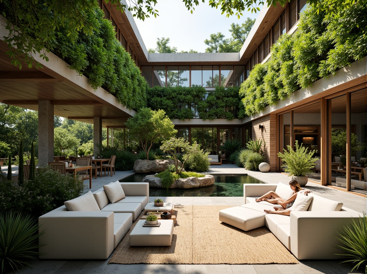 Prompt: Lush green walls, living roofs, natural ventilation systems, reclaimed wood accents, organic shapes, earthy color palette, abundant daylight, floor-to-ceiling windows, sliding glass doors, indoor plants, water features, natural stone flooring, bamboo textures, woven fiber rugs, minimalist decor, calming ambiance, soft diffused lighting, shallow depth of field, 2/3 composition, warm neutral tones, cozy reading nooks, nature-inspired patterns, eco-friendly materials, sustainable building practices.