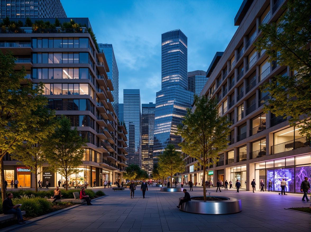 Prompt: Vibrant cityscape, bustling streets, modern skyscrapers, pedestrian walkways, urban parks, green roofs, LED streetlights, warm ambient glow, soft shadows, dynamic lighting effects, futuristic lamp posts, sleek metal benches, public art installations, nighttime scenery, shallow depth of field, 1/2 composition, realistic textures, ambient occlusion.