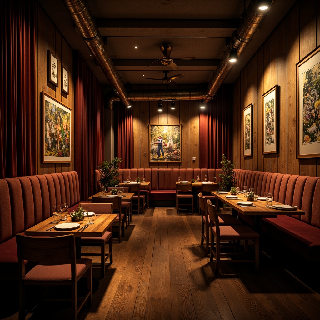 Prompt: Moody restaurant interior, warm golden lighting, soft shadows, dramatic spotlights, rich wood tones, luxurious velvet fabrics, ornate metal fixtures, eclectic art pieces, vintage decorative items, distressed textures, warm color palette, intimate ambiance, low-key illumination, cinematic atmosphere, 1/2 composition, shallow depth of field, realistic reflections, ambient occlusion.