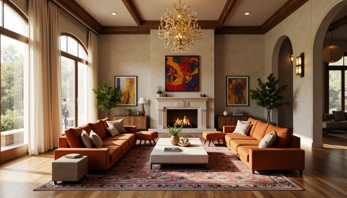 Prompt: Cozy living room, plush sofas, velvet armchairs, warm beige walls, rich wood flooring, soft golden lighting, elegant chandeliers, modern minimalist decor, vibrant colorful artwork, comfortable throw pillows, luxurious rugs, floor-to-ceiling windows, natural stone fireplaces, sleek metal accents, sophisticated color palette, 1/1 composition, shallow depth of field, realistic textures.