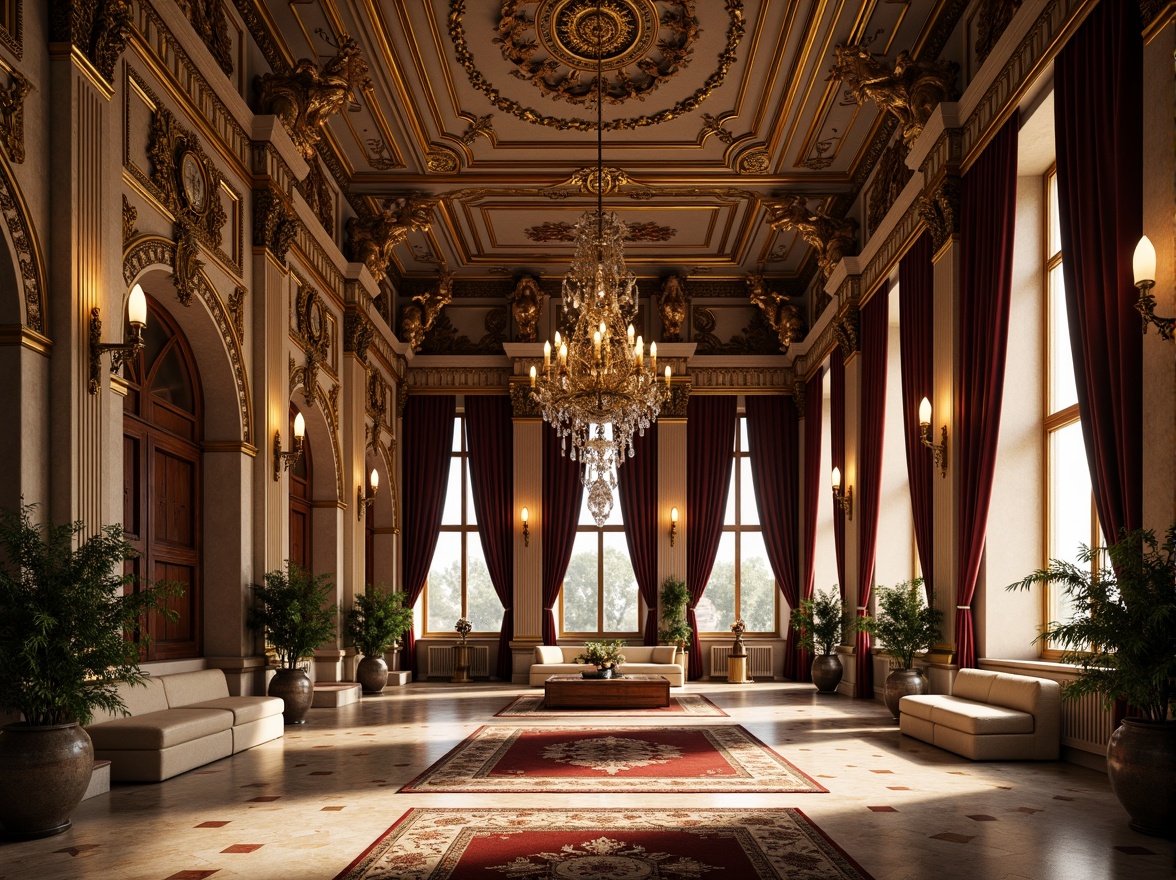 Prompt: Ornate Baroque palace, intricately carved stone facades, gilded ornamental details, lavish velvet drapes, polished marble floors, ornamental plaster ceilings, richly patterned rugs, grandiose chandeliers, warm golden lighting, dramatic shadows, high-contrast composition, detailed textures, realistic reflections, ambient occlusion.