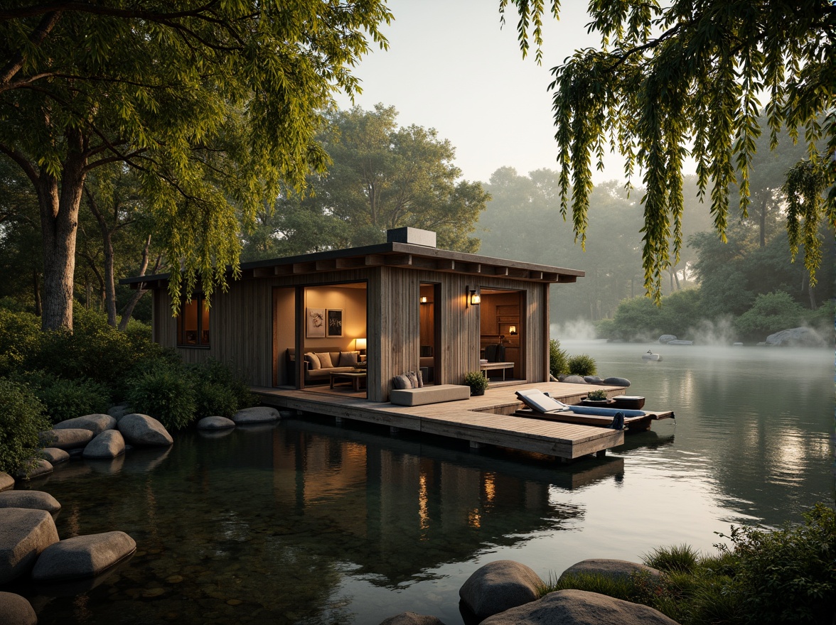 Prompt: Rustic boathouse, wooden dock, serene lakefront, lush greenery, overhanging trees, natural stone walls, weathered wood accents, nautical ropes, lantern-style lighting, warm golden tones, soft misty atmosphere, shallow depth of field, 1/1 composition, symmetrical framing, realistic water reflections, ambient occlusion.