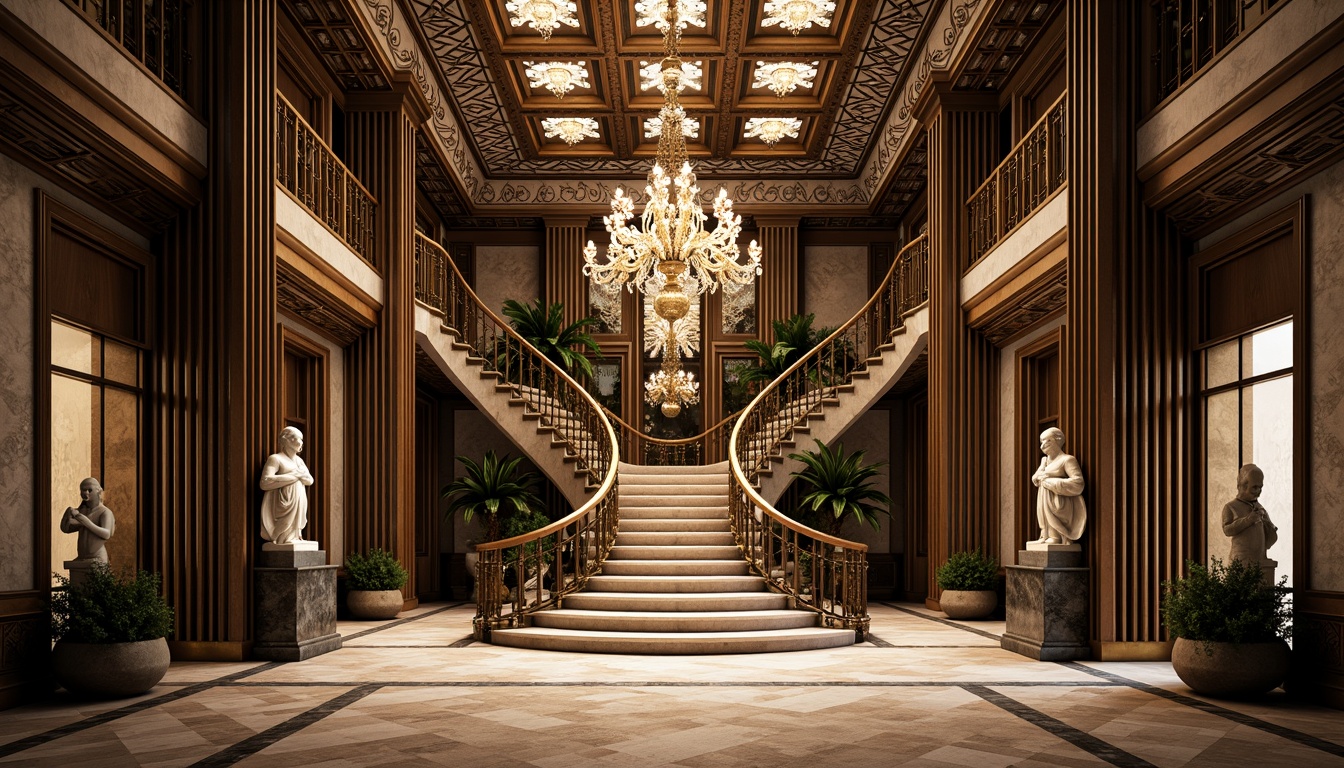 Prompt: Intricate geometric patterns, ornate metalwork, luxurious marble surfaces, grandiose statues, symmetrical compositions, opulent chandeliers, lavish mosaics, bold typography, stylized florals, zigzag motifs, chevron designs, metallic accents, glossy finishes, sunburst patterns, stepped silhouettes, monumental scale, dramatic lighting, low-angle view, cinematic composition, high-contrast colors, ornate fountains, grand staircases.