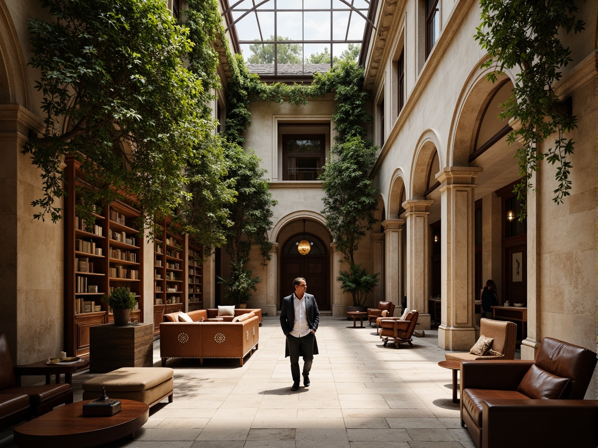 Prompt: Traditional university buildings, ivy-covered walls, ornate stone carvings, rich wood tones, warm beige stucco, classic columns, elegant archways, sophisticated neutral colors, earthy brown furniture, vintage leather-bound books, subtle golden accents, soft natural lighting, shallow depth of field, 1/1 composition, realistic textures, ambient occlusion.