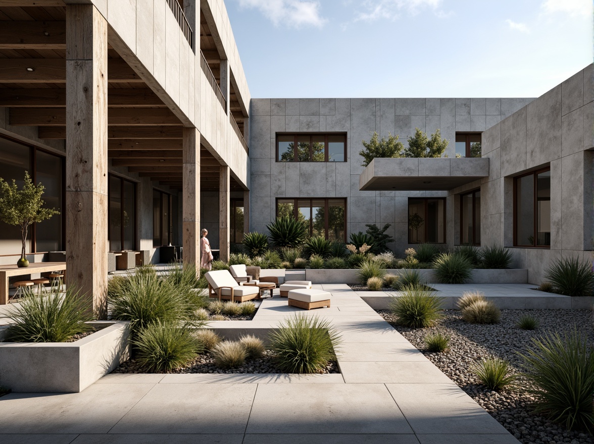 Prompt: Rugged brutalist architecture, industrial concrete walls, weathered steel beams, raw stone accents, minimalist planters, succulent gardens, drought-tolerant flora, gravel pathways, angular hardscapes, modern outdoor furniture, cantilevered roofs, dramatic shadows, high-contrast lighting, cinematic composition, atmospheric perspective, realistic textures, ambient occlusion.