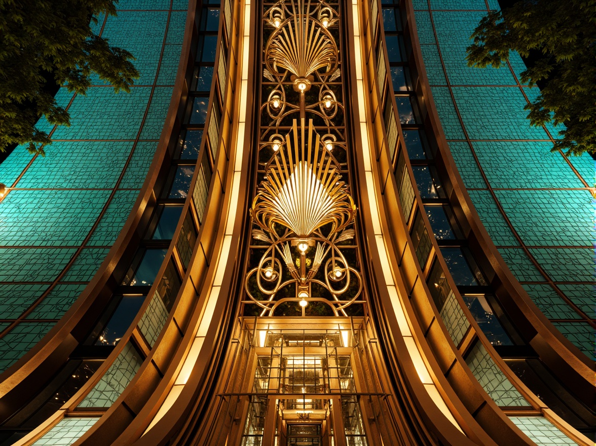 Prompt: Opulent Art Deco monument, lavish golden accents, rich bronze tones, vibrant turquoise mosaics, geometric patterns, ornate metalwork, luxurious marble surfaces, bold black outlines, stylized floral motifs, sunburst designs, zigzag patterns, metallic sheen, warm ambient lighting, shallow depth of field, 1/1 composition, symmetrical framing, high-contrast colors, intricate textures, realistic reflections.