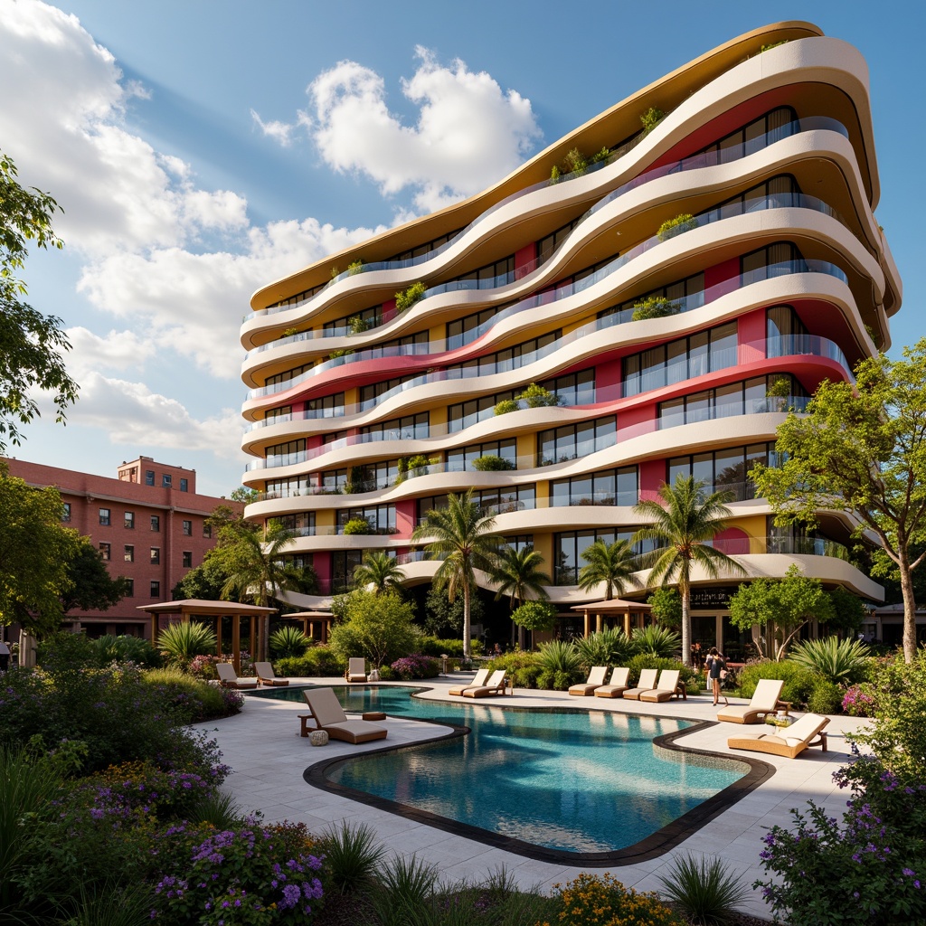 Prompt: Vibrant hotel facade, undulating curves, bold color blocking, abstract patterns, eclectic furniture, whimsical lighting fixtures, lush green roofs, meandering walkways, organic-shaped pools, tropical plants, exotic flowers, warm sunny day, dramatic cloud formations, cinematic composition, high contrast lighting, vivid textures, stylized reflections, artistic freedom, expressive brushstrokes.