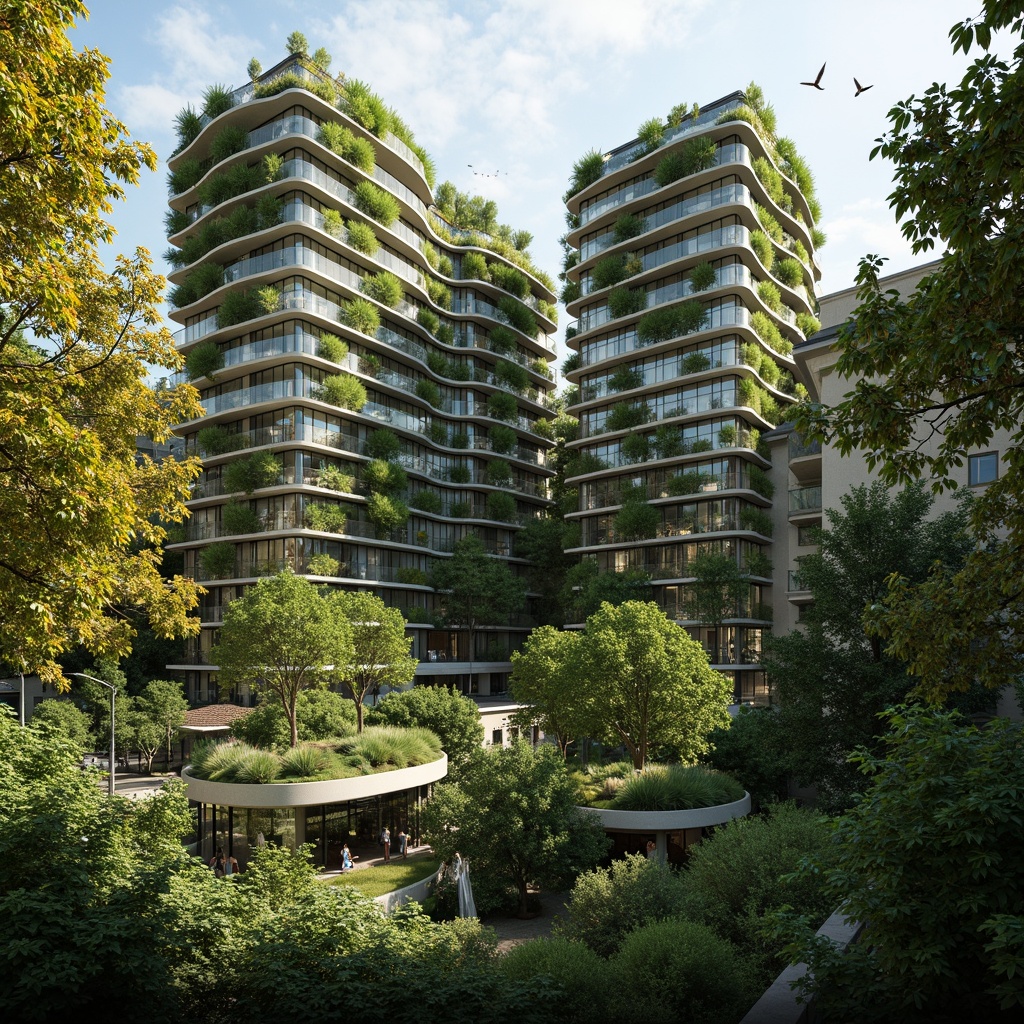 Prompt: Eco-friendly green buildings, lush vertical gardens, solar panels, wind turbines, rainwater harvesting systems, recycled materials, natural ventilation, large windows, minimal carbon footprint, energy-efficient systems, green roofs, living walls, organic shapes, curved lines, earthy tones, natural textures, warm ambient lighting, soft shadows, 3/4 composition, panoramic view, realistic renderings, ambient occlusion.