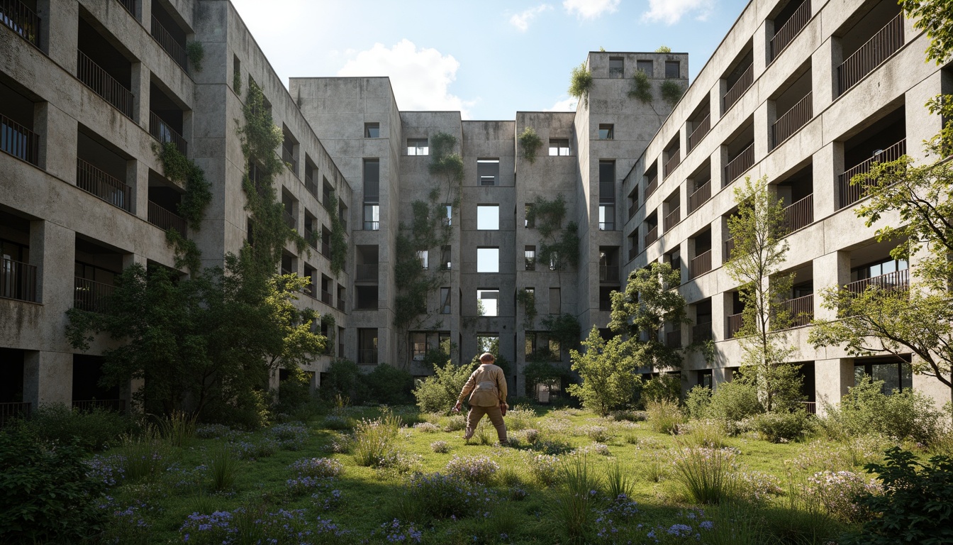 Prompt: Rugged brutalist buildings, raw concrete textures, fortress-like structures, overgrown vegetation, wildflowers, moss-covered walls, industrial landscapes, abandoned factories, crumbling infrastructure, distressed metal accents, exposed ductwork, brutalist sculptures, harsh natural lighting, dramatic shadows, 3/4 composition, low-angle shot, gritty realistic renderings, ambient occlusion.