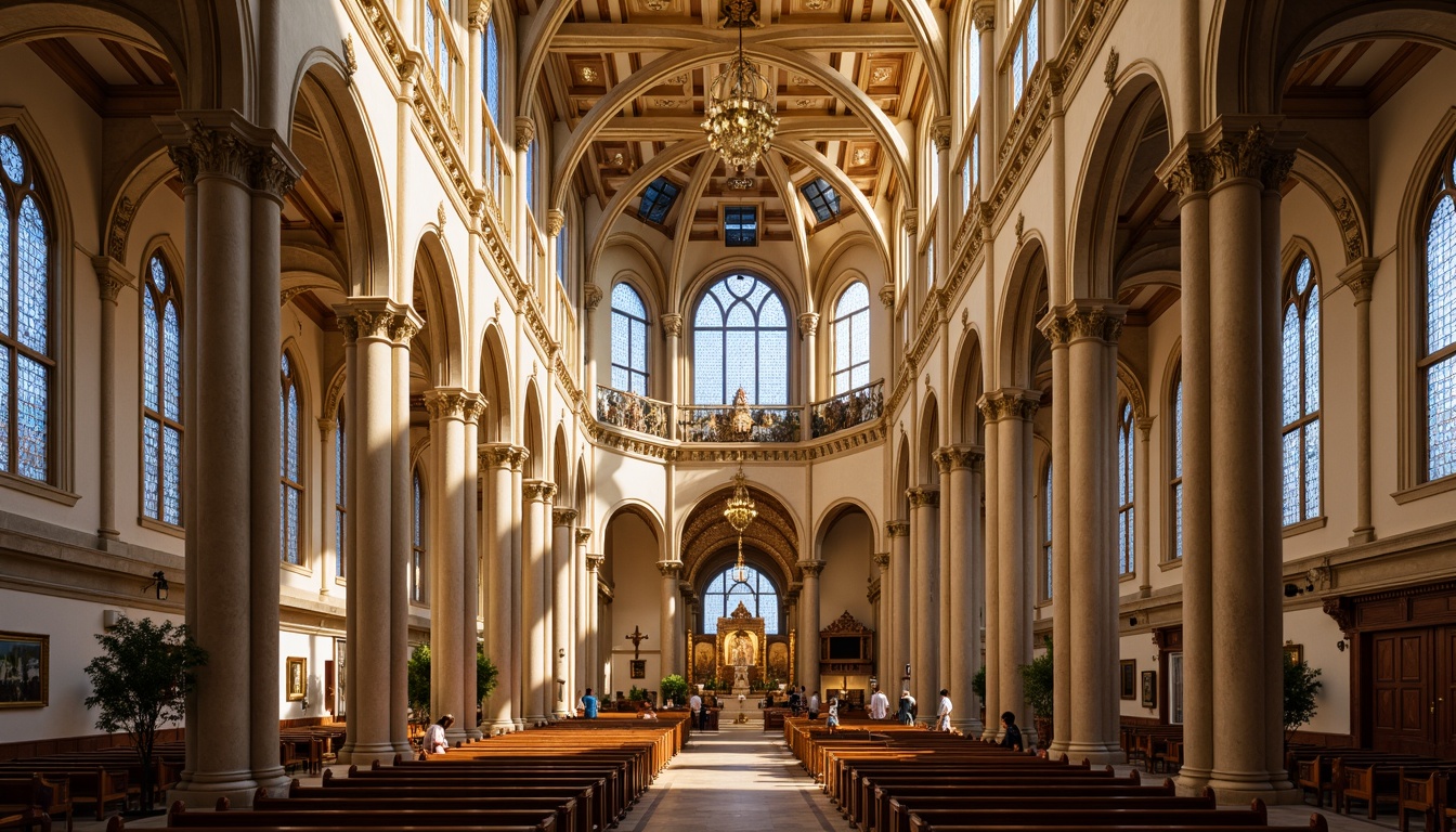 Prompt: Majestic cathedral, ornate stained glass windows, golden accents, rich wood tones, cream-colored stone walls, intricate carvings, vaulted ceilings, grandiose chandeliers, soft warm lighting, subtle shadows, 1/1 composition, symmetrical architecture, classical columns, arches, domes, subtle texture overlays, realistic reflections, ambient occlusion.