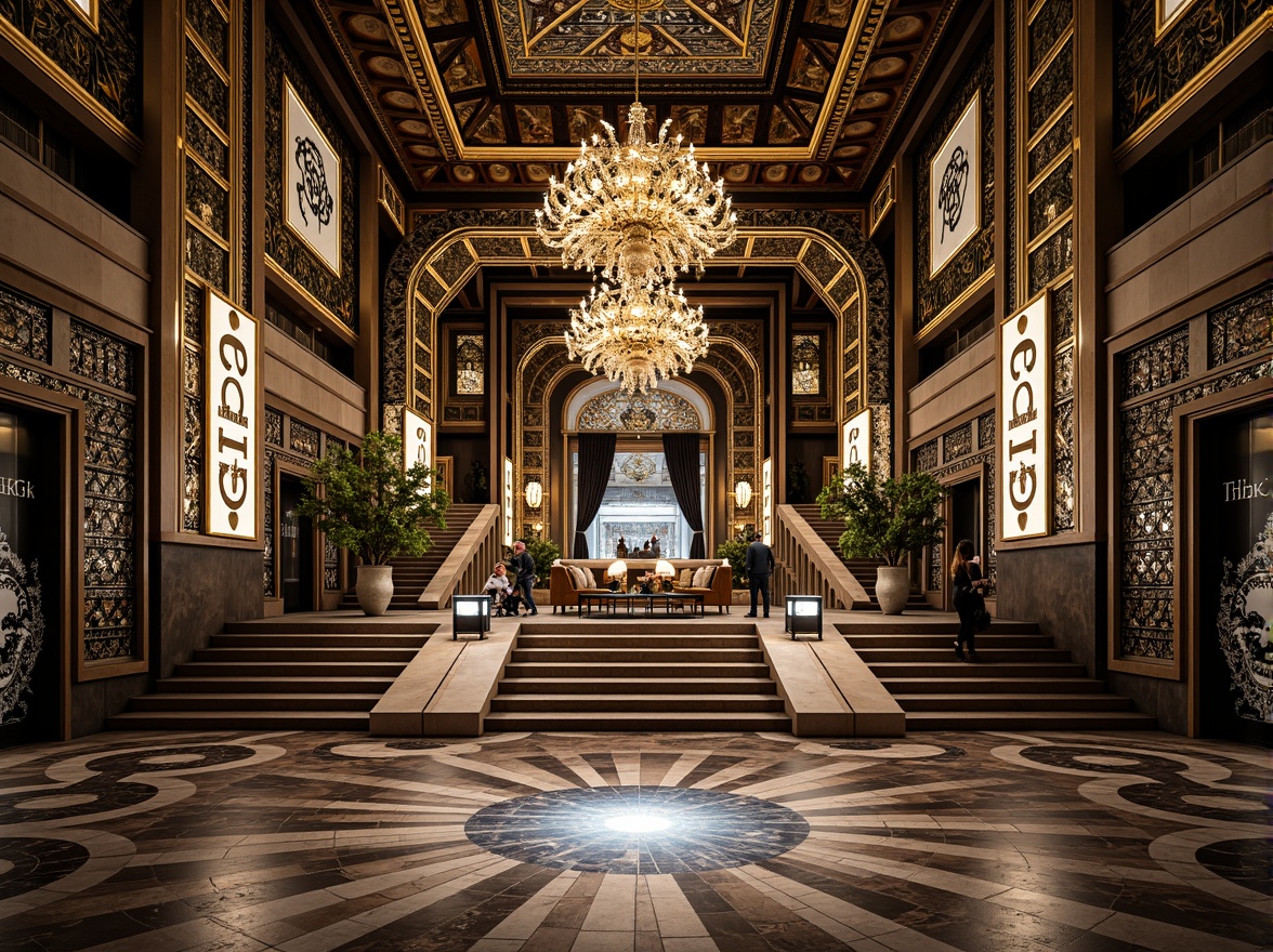 Prompt: Intricate geometric patterns, ornate metalwork, luxurious marble surfaces, grandiose statues, symmetrical compositions, opulent chandeliers, lavish mosaics, bold typography, stylized florals, zigzag motifs, chevron designs, metallic accents, glossy finishes, sunburst patterns, stepped silhouettes, monumental scale, dramatic lighting, low-angle view, cinematic composition, high-contrast colors, ornate fountains, grand staircases.